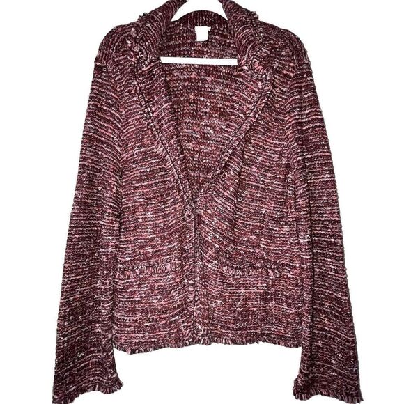 Chicos Jacket Sz 3 Pink Large Tweed Fringe Multicolor Knit Classic Casual Office - Picture 1 of 11